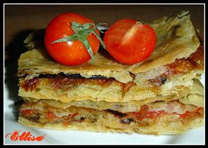 Фото рецепта «Пирог из лаваша с баклажанами, помидорами, грибами и сыром»