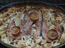 Пошаговое фото рецепта «Сёмга запечённая в сливках с картофелем»